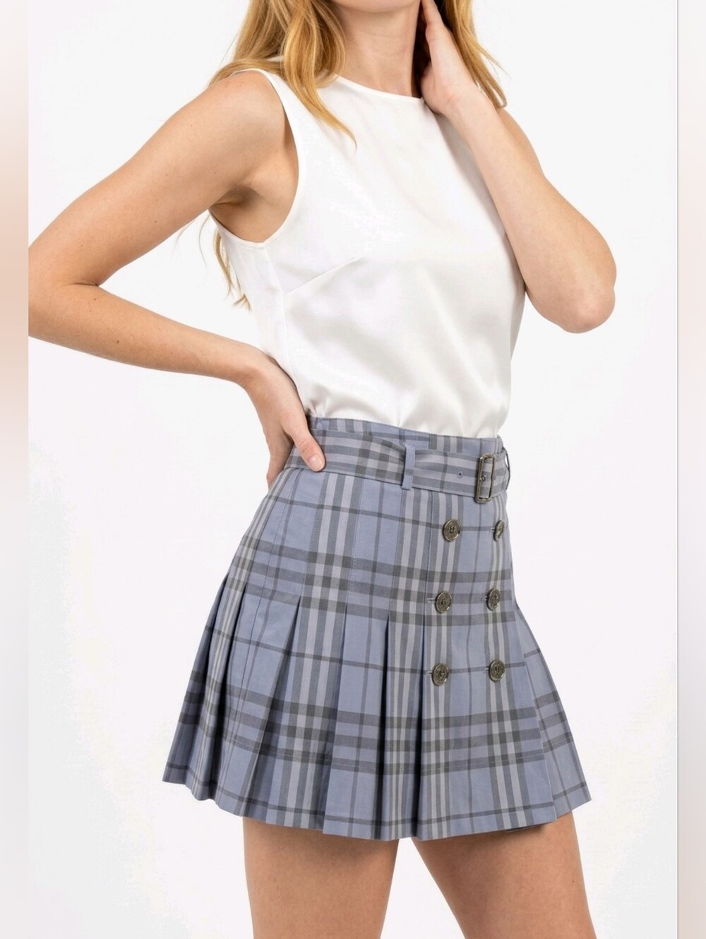 BURBERRY LONDON Pleated Plaid Button-Front Mini Skirt